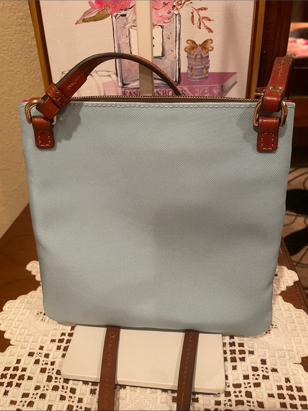 Dooney & Bourke Light Blue Crossbody with Brown Leather Trim and Gold Hardware - Picture 6 of 6
